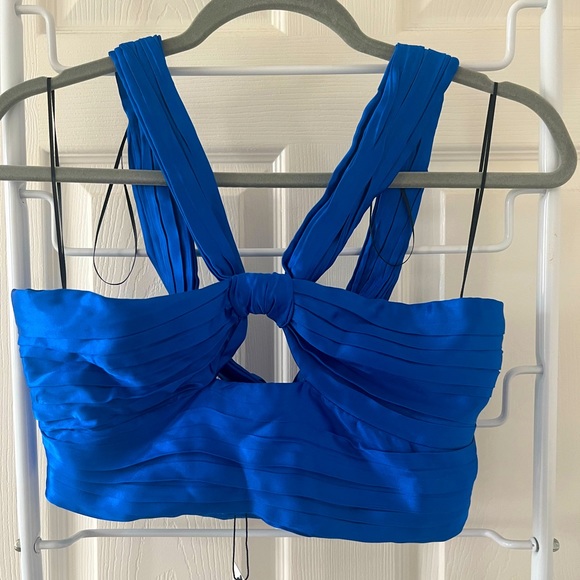 Blue Satin Zara Halter Crop Top w Ribbed Detailing - Picture 3 of 5